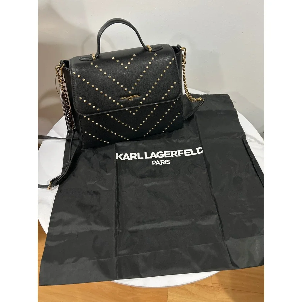 KARL LAGERFELD Paris Black Leather Studded Crossbody Flap Bag‎ - Picture 11 of 12